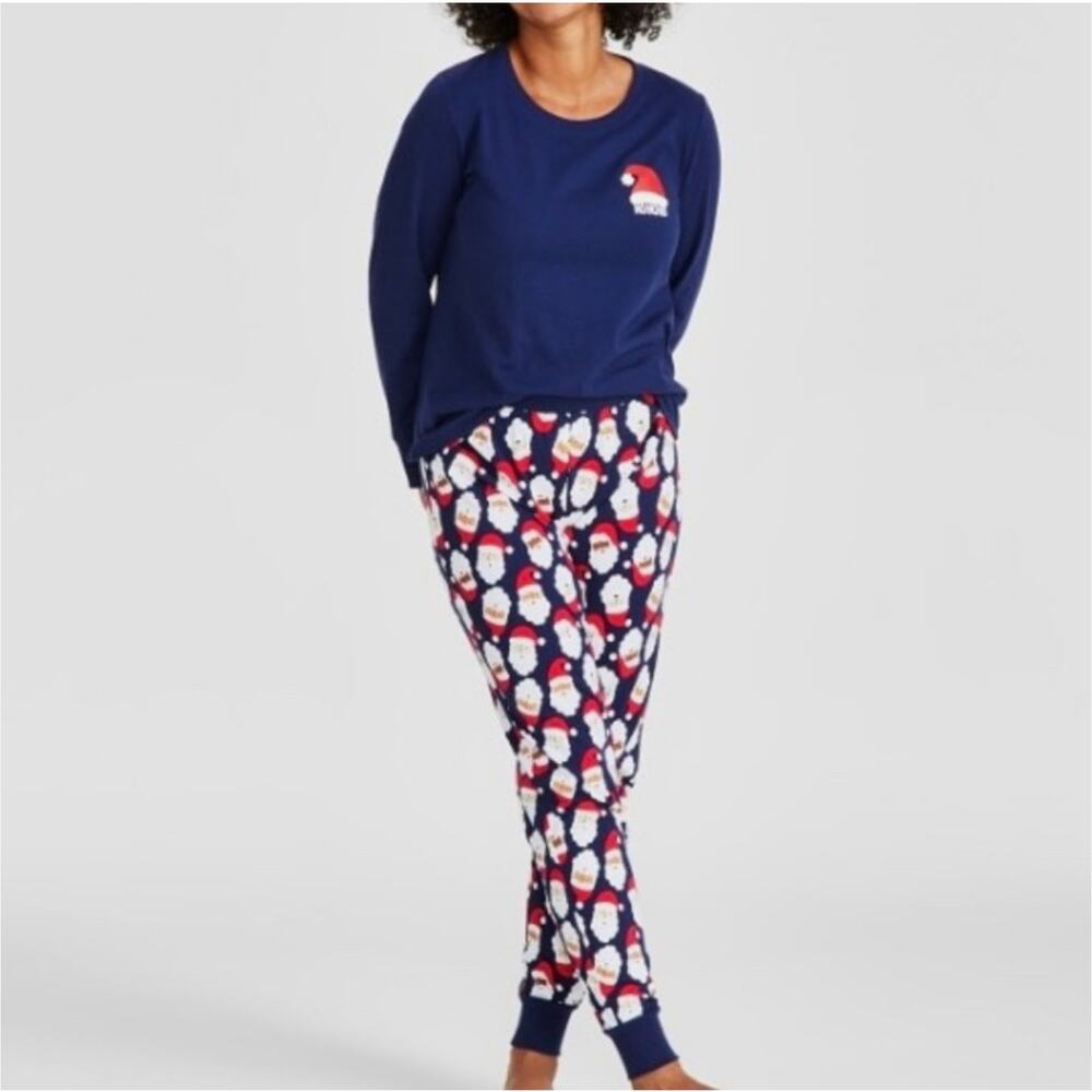 Macys Pajama Set Womens XS Blue Red Santa Clause Holiday Festive Lounge Comfy